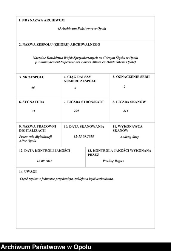 Obraz 1 z jednostki "Commandement Superieur des Forces Alliees en Haute-Silesie-Entrees /Korespondencja wpływająca pochodząca od władz wyższych i jednostek podległych/ 29.06.1920 - 30.10.1920"