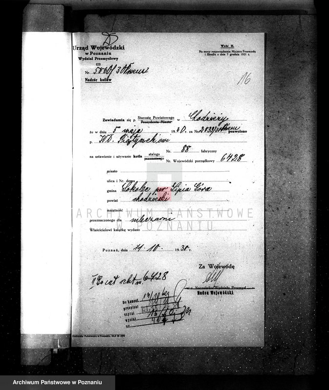 Obraz 20 z jednostki "Mleczarnia w Solcu pow chodzieski własność właściciel Piętyszek, kocioł nr fabryczny 88, nr woj. 6428"