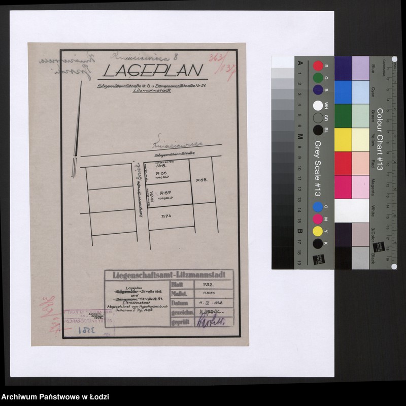 Obraz 1 z jednostki "Lageplan Sägemüller-Strasse Nr 8 und Bergmann-Strasse Nr 51 Litzmannstadt"