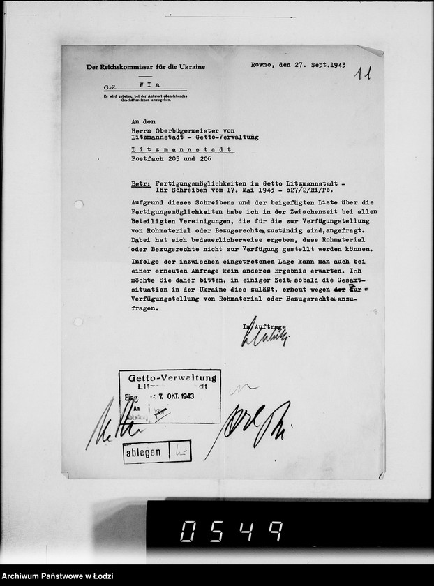 Obraz 15 z jednostki "Reichskommisar Ukraine. [Korespondencja w sprawie realizacji zamówień dla Ukraine Lederindustrie G.m.b.H w Równem]"