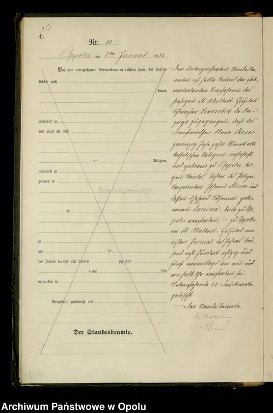 Obraz 13 z jednostki "Urząd Stanu Cywilnego w Opolu 1885 Rejestr zgonów Księga Miejscowa Nr 1 do 309"