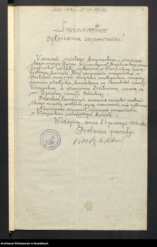 image.from.unit.number "Dokumenty przedstawione do aktów ślubnych w parafji rzymsko-katolickiej Puńsk w roku 1934"