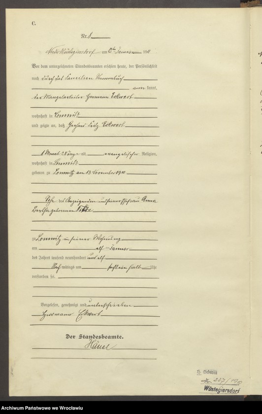image.from.unit.number "Sterbe-Haupt-Register Nieder Wüstegiersdorf (Głuszyca) 1911"