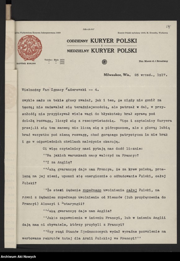 image.from.unit.number "Armia Polska we Francji. Rekrutacja w Stanach Zjednoczonych. Korespondencja, memoriały, druki"