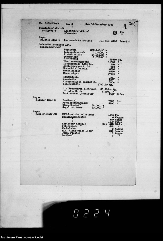 Obraz 12 z jednostki "Korrespondenz betr.Versicherung der im Getto zur Konfektionierung umlaufenden Wehrmachtsuniformen und Aufstellung über ausgeführte Transporte."