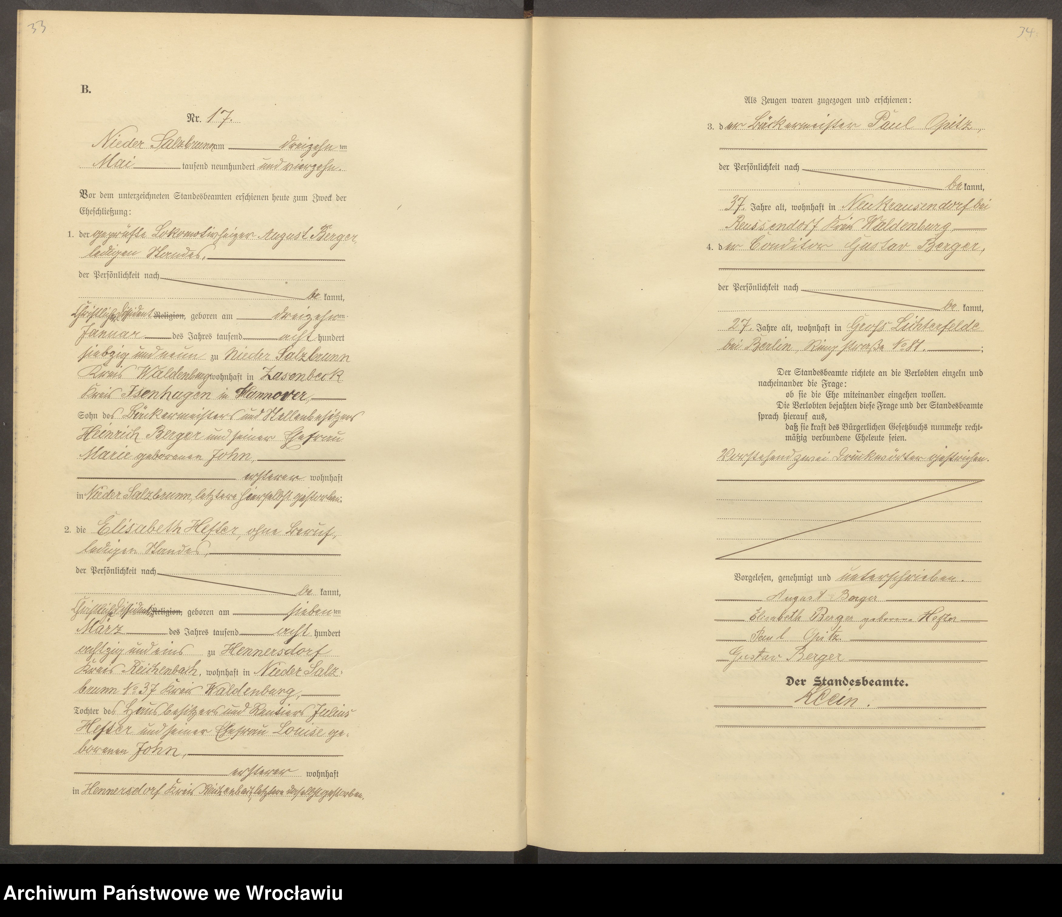 Skan z jednostki: Heirats-Haupt-Register Nieder Salzbrunn (Szczawienko) 1914