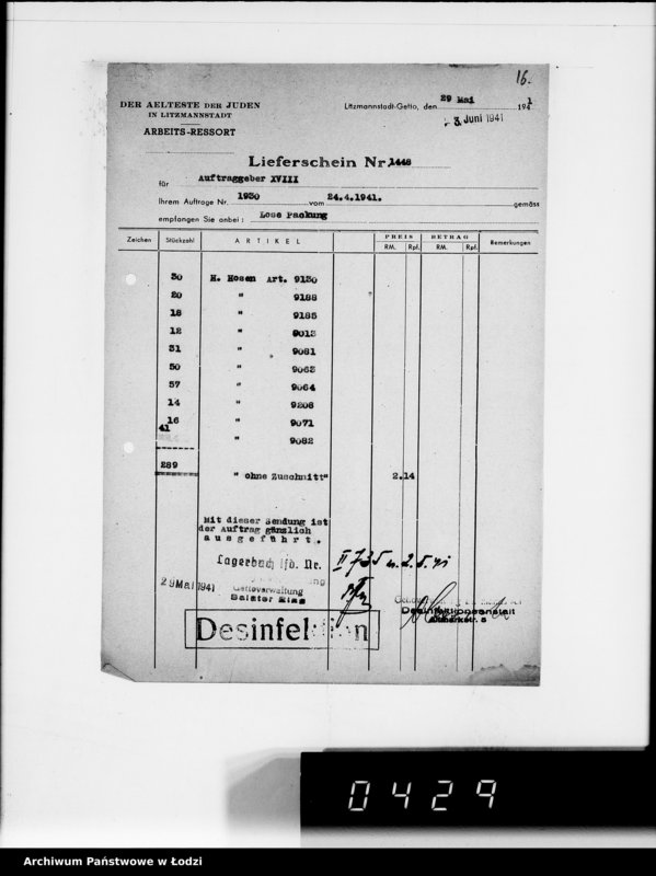 Obraz 20 z jednostki "[Dowody dostawy odzieży dla firmy dla Asmann u.Co.Berlin"