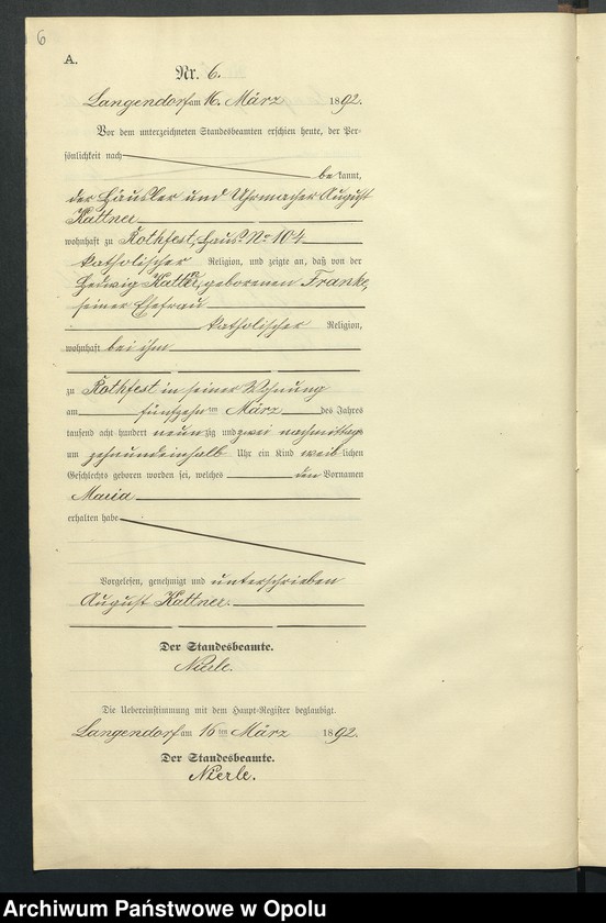 Obraz 10 z jednostki "Geburts-Neben-Register des Standesamts Langendorf pro 1892"