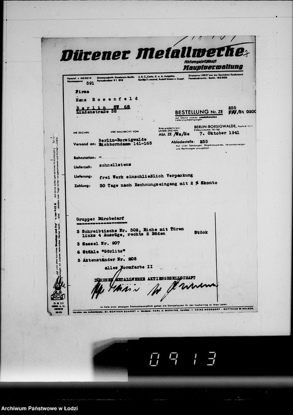 Obraz 11 z jednostki "Korrespondenz Firma Hans Rosenfeld-Büromebel mit Getto-Verwaltung betr.Büromebel"