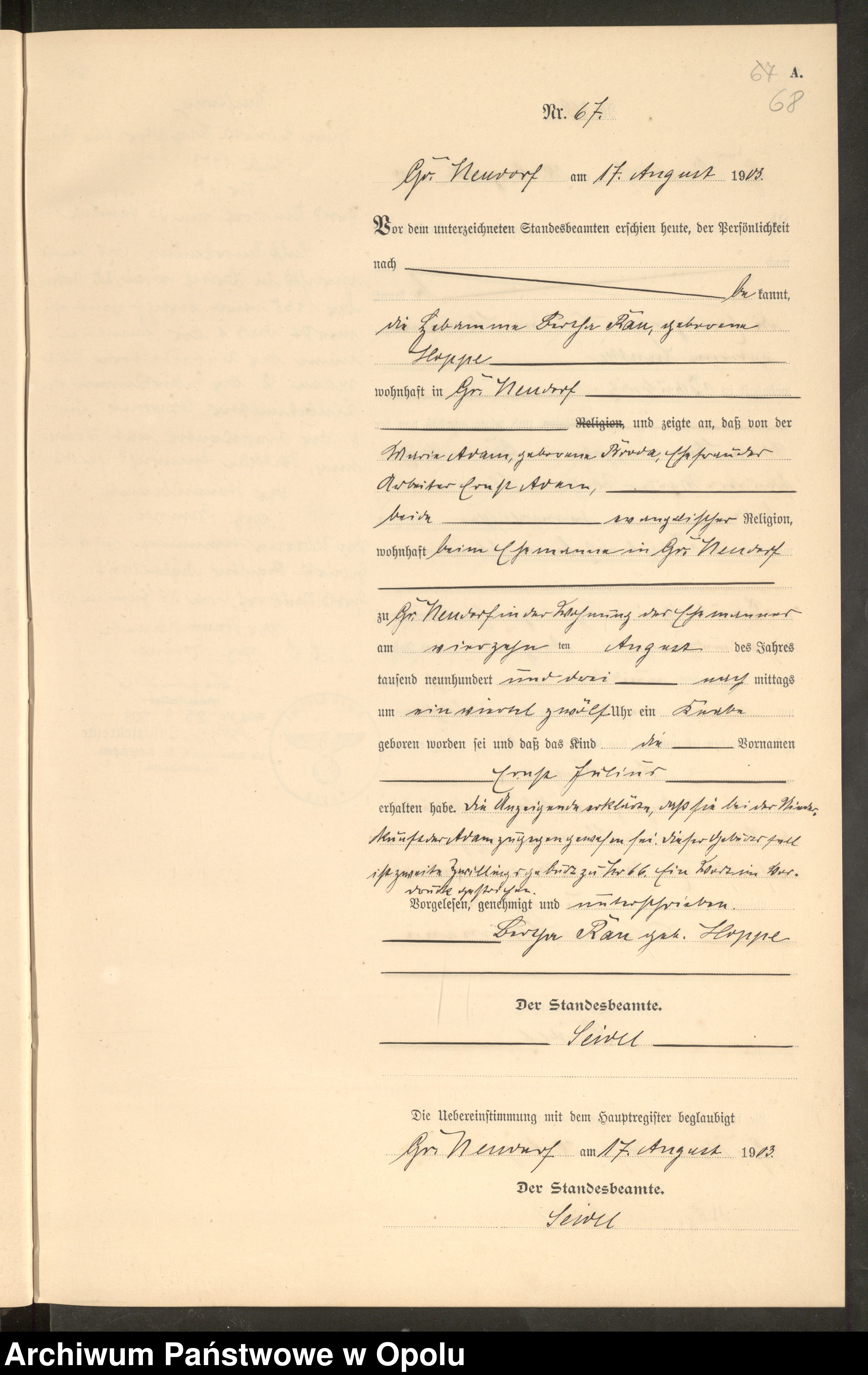 Skan z jednostki: Geburts-Neben-Register Standes-Amt Gr.[oss] Neudorf 1903