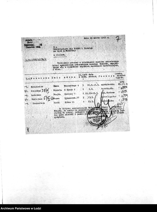 Obraz 10 z jednostki "[Korespondencja resortów i osób prywatnych w sprawie pomocy materialnej i lekarskiej dla starych i chorych mieszkańców getta]"