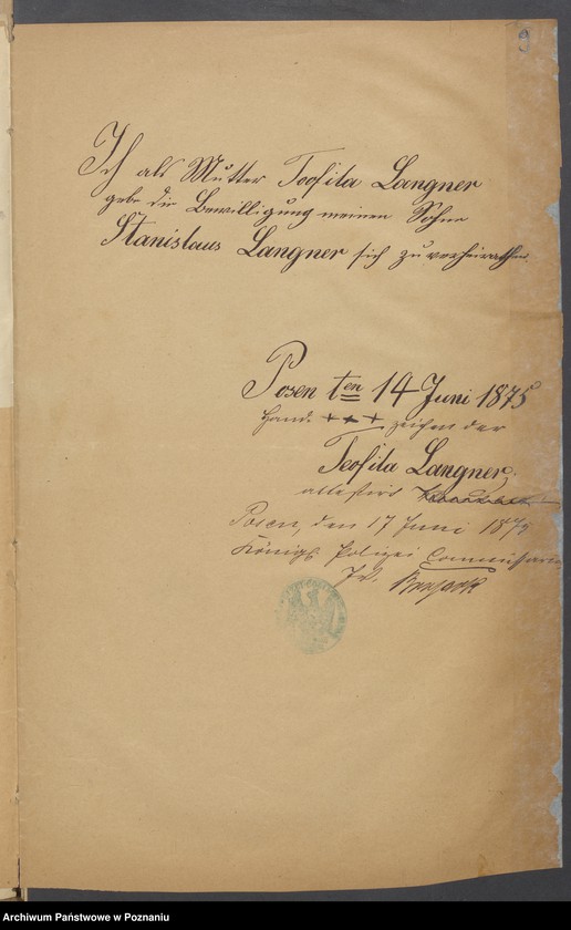 Obraz 11 z jednostki "Die von den Verlobten beigebrachten Urkunden zur Eheschliessung pro 1875"