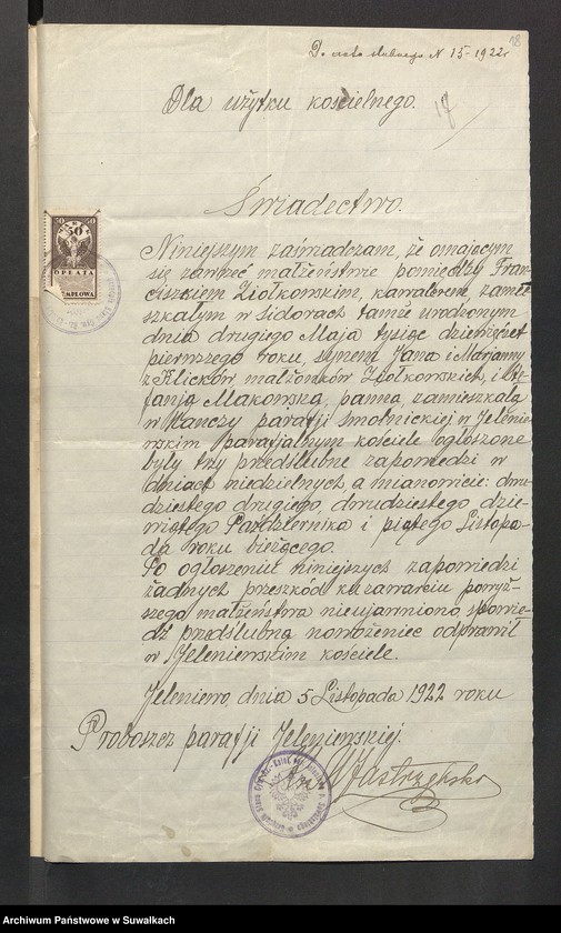 image.from.unit.number "Dokumenta so aktów ślubnych parafji Smolnickiej za 1922 rok"