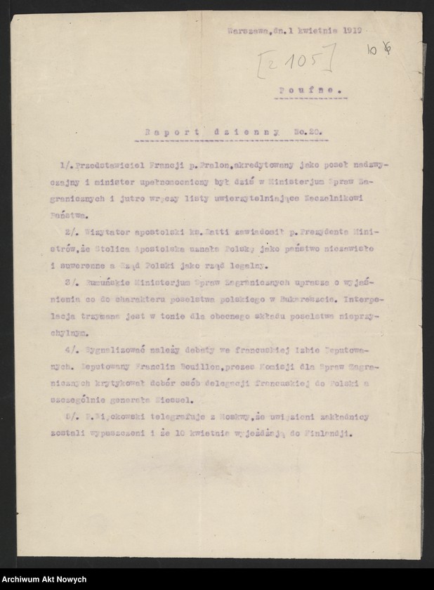 image.from.unit.number "Raporty polityczne, wiadomości różne z Warszawy i Paryża; "Pro Memoria""
