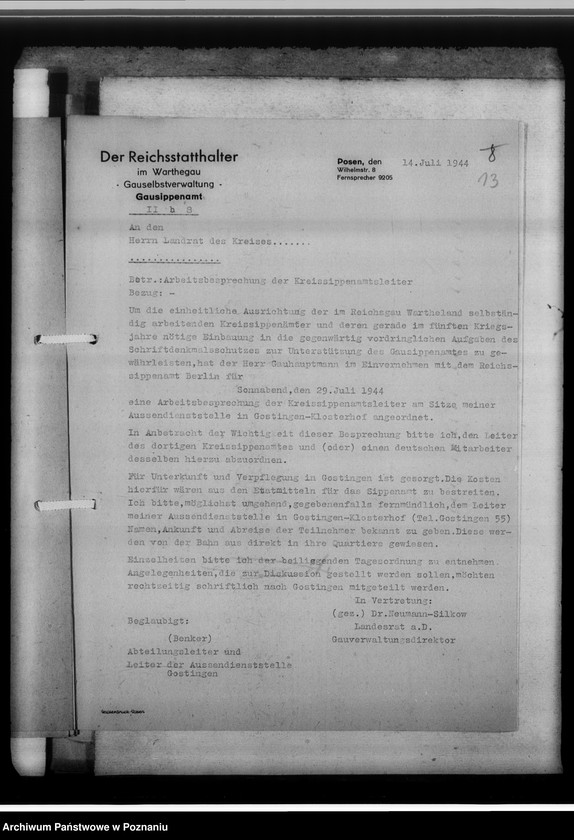 Obraz 17 z jednostki "Arbeitsbesprechung der Sippenamtsleiter in Gostingen [Gostyń, porządek obrad i sprawozdanie z zebrania kierowników powiatowych urzędów do spraw genealogicznych z terenu województwa poznańskiego]"