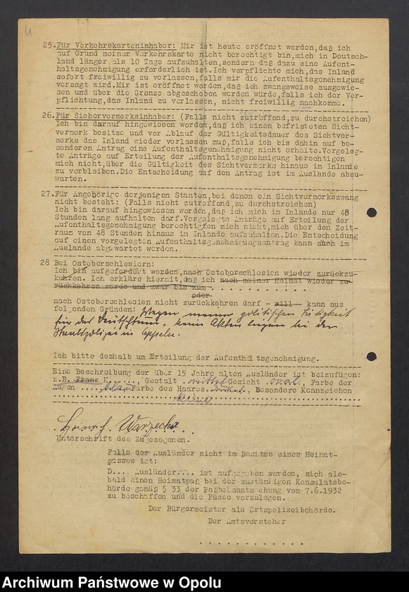 Obraz 6 z jednostki "[Zezwolenie na pobyt - Heinrich Warzecha, ur. 13. 07. 1906 Kudoba pow. oleski]"