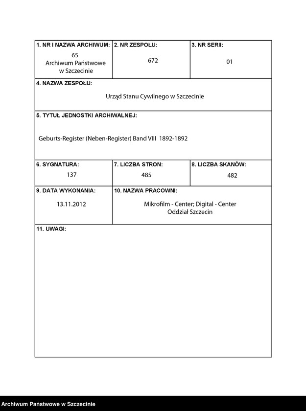 Obraz 1 z jednostki "Geburts-Register (Neben-Register) Band VIII"