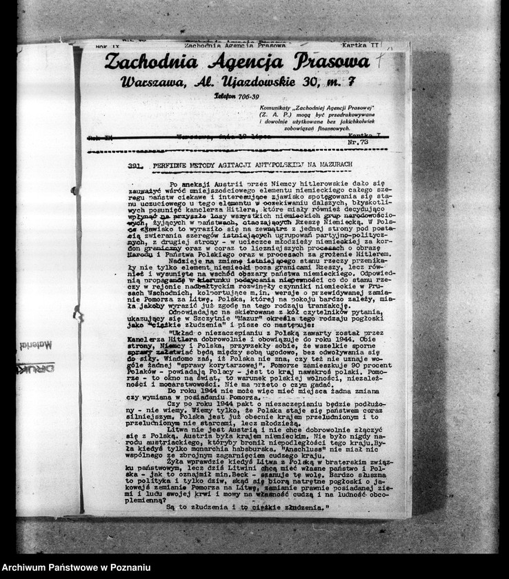 Obraz 10 z jednostki "Biuletyny Zachodniej Agencji Prasowej i Prasowej Agencji Młodych Obozu Zjednoczenia Narodowego"