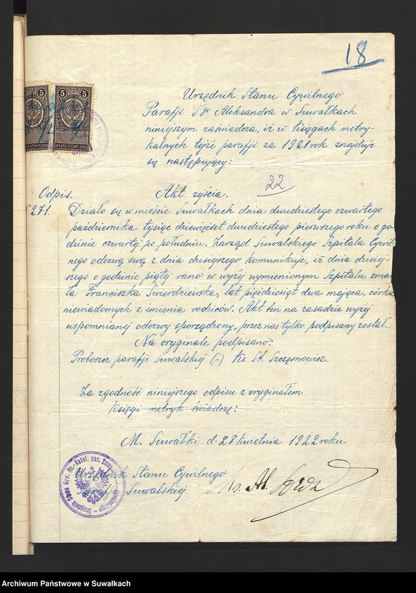 image.from.unit.number "Dokumenty przedstawione w roku 1922 do aktów ślubnych stanu cywilnego Filipowskiej R. Kat. parafji."