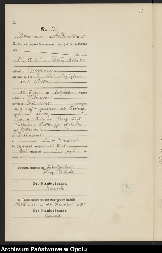 Obraz 16 z jednostki "Sterbe-Neben-Register Standesamts Dittmerau pro 1905"