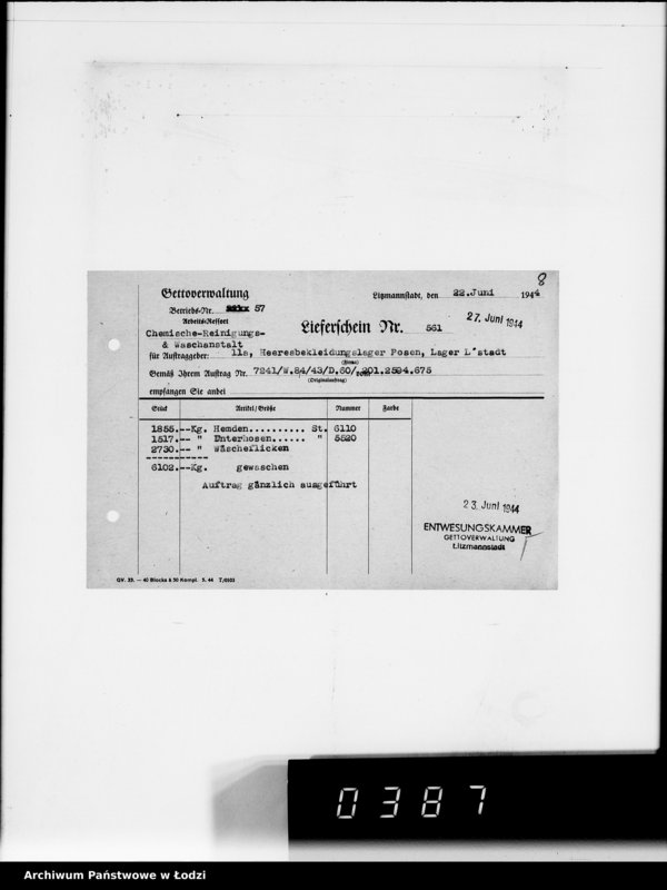 Obraz 12 z jednostki "[Dowody dostawy odzieży dla intendentury wojskowej w Poznaniu] Heeresbekleidungsamt Posen"