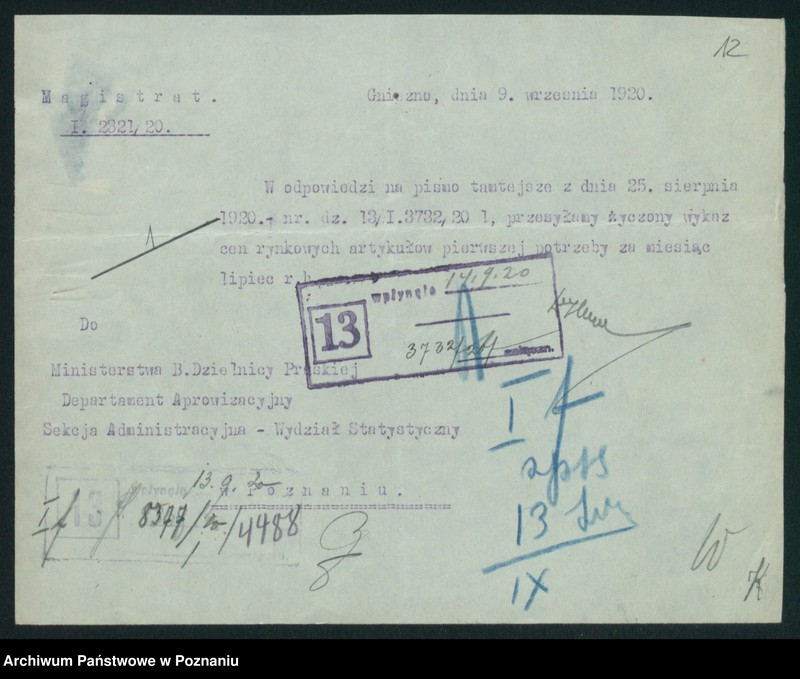 Obraz 14 z jednostki "[Wykaz cen rynkowych artykułów pierwszej potrzeby w poszczególnych miastach Województwa Poznańskiego za miesiąc lipiec 1920]"