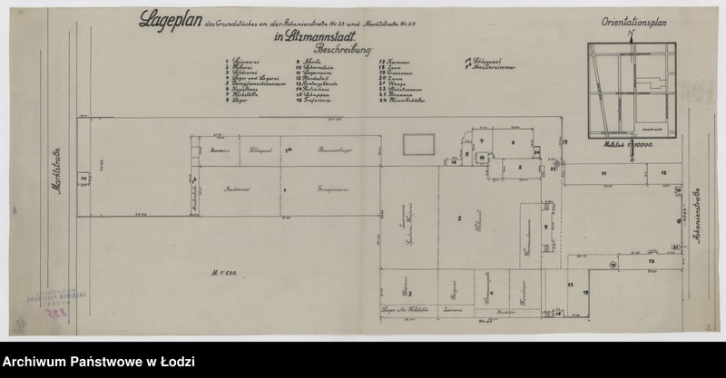 Obraz 1 z jednostki "Lageplan des Grundstückes an der Askanierstrasse Nr 23 und Marktstrasse Nr 20 in Litzmannstadt"