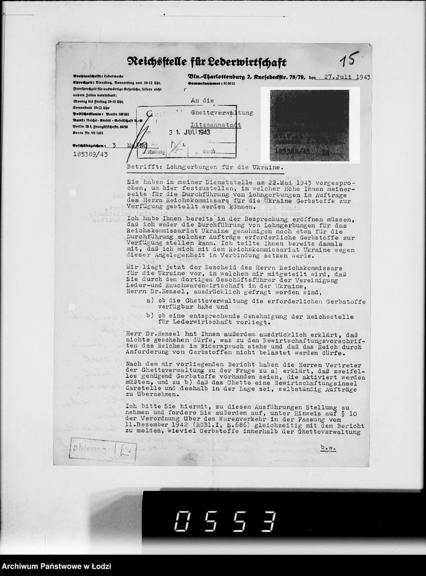 Obraz 19 z jednostki "Reichskommisar Ukraine. [Korespondencja w sprawie realizacji zamówień dla Ukraine Lederindustrie G.m.b.H w Równem]"