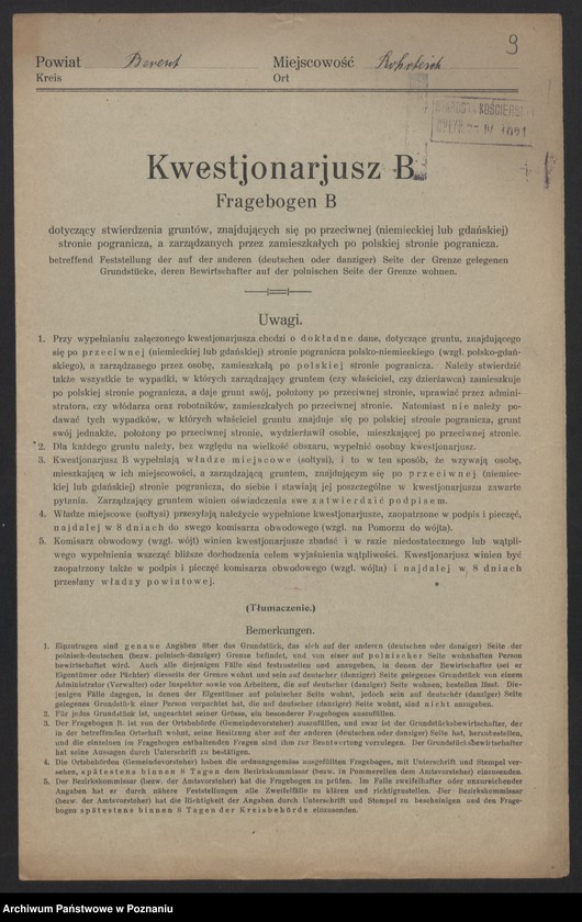 Obraz 9 z jednostki "[Kwestionariusze dotyczące stwierdzenia gruntów znajdujących się po niemieckiej stronie pogranicza a zarządzanych przez zamieszkałych po stronie polskiej] powiat kościański"