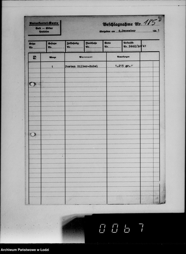 Obraz 6 z jednostki "Ankauf vom J.A.[Kartoteka dostaw skonfiskowanych kosztowności]"