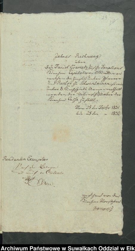 image.from.unit.number "Jahres Rechnung der Schwentainenschen Kirche über alle Einnahme und Ausgabe Geld von Michaelis 1831 bis dahin 1832."