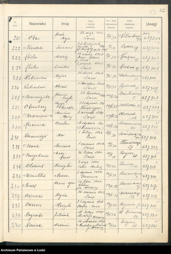 Obraz 15 z jednostki "Ewidencja dowodów osobistych wydanych przez Zarząd Miejski w Łodzi, zespół nr 6 [- nazwiska na litery N, O, R, T]"