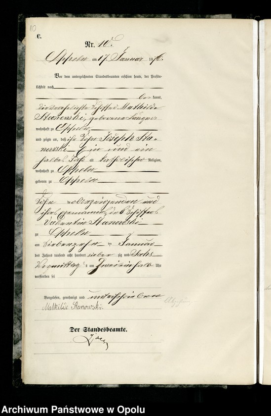 Obraz 13 z jednostki "Urząd Stanu Cywilnego w Opolu 1876 Rejestr zgonów Księga Miejscowa Nr 1 do 423"