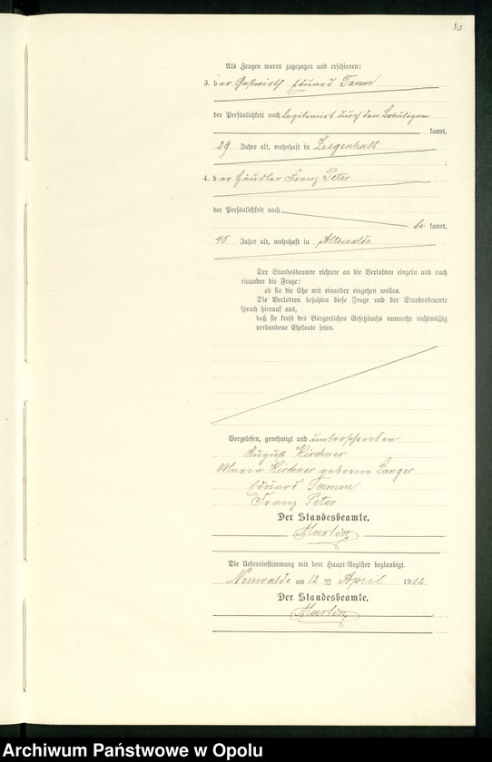 Obraz 14 z jednostki "Heiraths-Neben-Register des Standesamts Altewalde pro 1902"