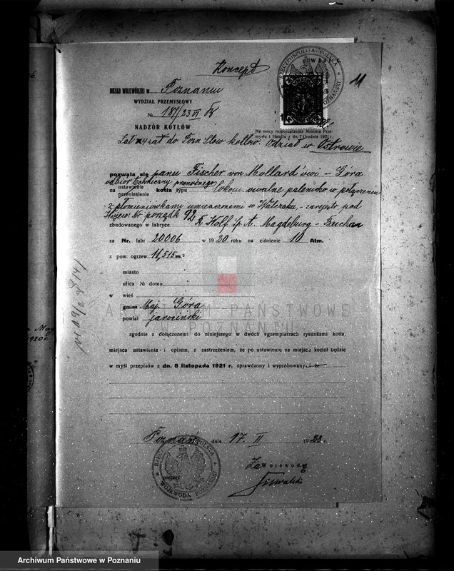 Obraz 16 z jednostki "Majętność Góra pow. jarociński, własność Fischer von Mollard nr fabr. kotła 20006 nr woj. kotła 92"