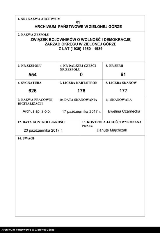 Obraz 1 z jednostki "Zaświadczenia Zarządu Okręgu ZBoWiD dotyczące osadnictwa wojskowego (układ alfabetyczny: A do G)"