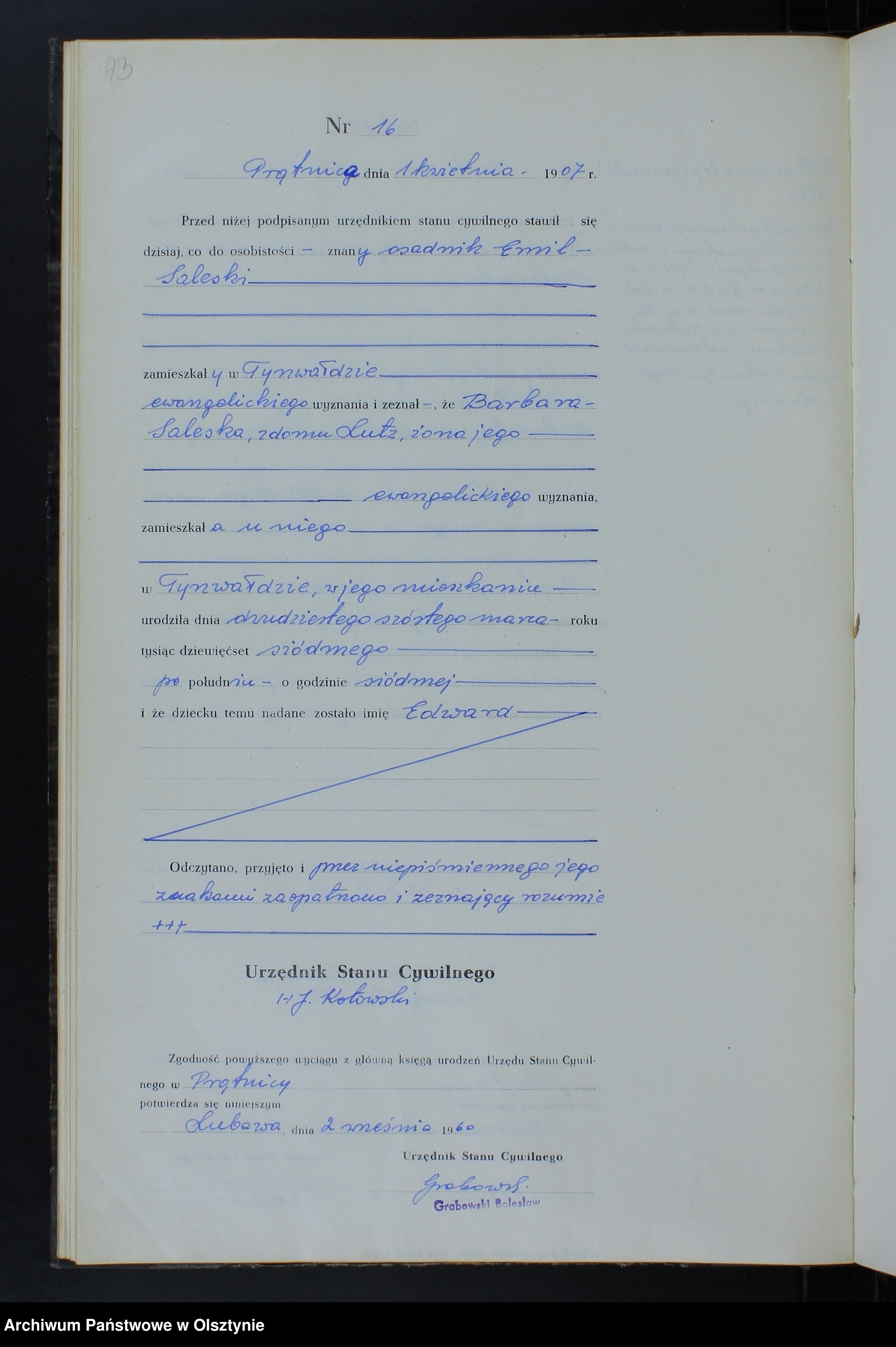 Skan z jednostki: Księga urodzeń Nr 1 - 56, 1-74 /przepisana w języku polskim z oryginału niemieckiego w dniach 01-05.IX.1960 r./.