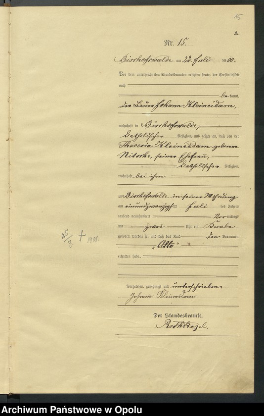 Obraz 19 z jednostki "Geburts-Haupt-Register des Standsamts Bischofswalde pro 1900"