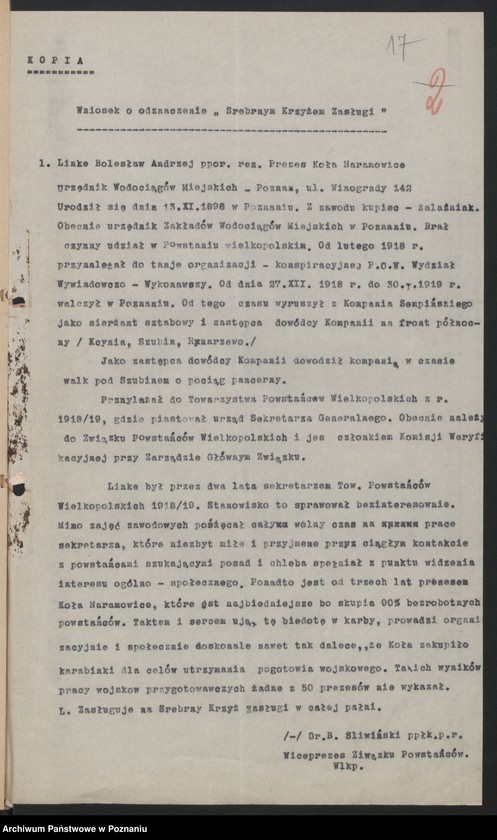 Obraz 20 z jednostki "Korespondencja, protokoły zebrań, okólniki Związku Powstańców Wielkopolskich."