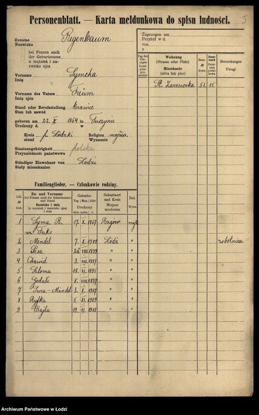 Obraz 7 z jednostki "[Spis ludności Łodzi] Regenbaum-Rentel"