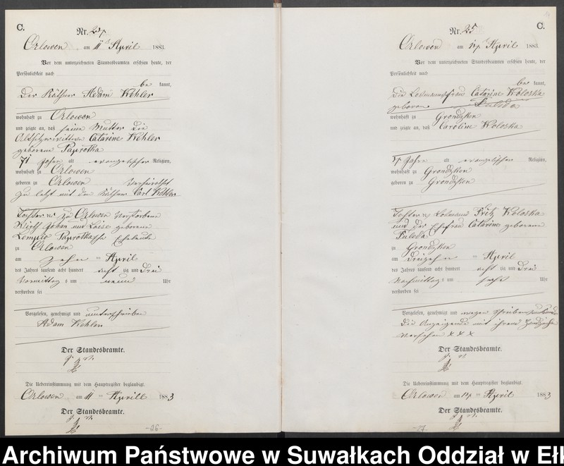 image.from.unit.number "Sterbe-Neben-Register des Preussischen Standes-Amtes Orlowen Kreis Loetzen für das Jahr 1883"