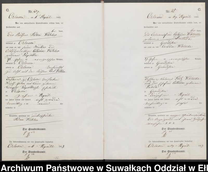 Obraz 17 z jednostki "Sterbe-Neben-Register des Preussischen Standes-Amtes Orlowen Kreis Loetzen für das Jahr 1883"