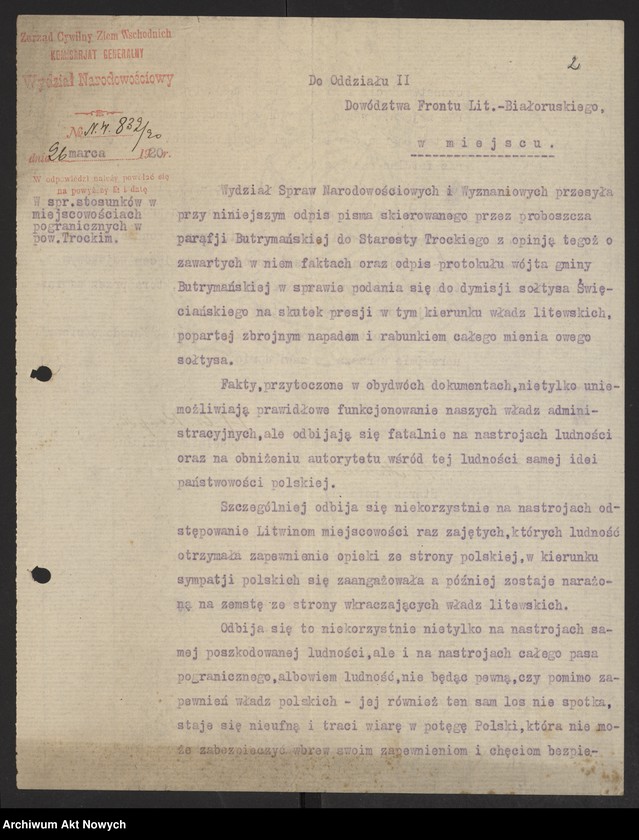 image.from.unit.number "Meldunki Inspektoratów Brzeskiego, Mińskiego, Wileńskiego przesyłane przez Zarząd Cywilny Ziem Wschodnich (Wydział Werbunkowy) do KCNP. Korespondencja ZCZW (Wydział Narodowościowy), z charakterystyką stosunków na pograniczu litewskim. Rozkaz Naczelnika Okręgu Wołyńskiego ZCZW"