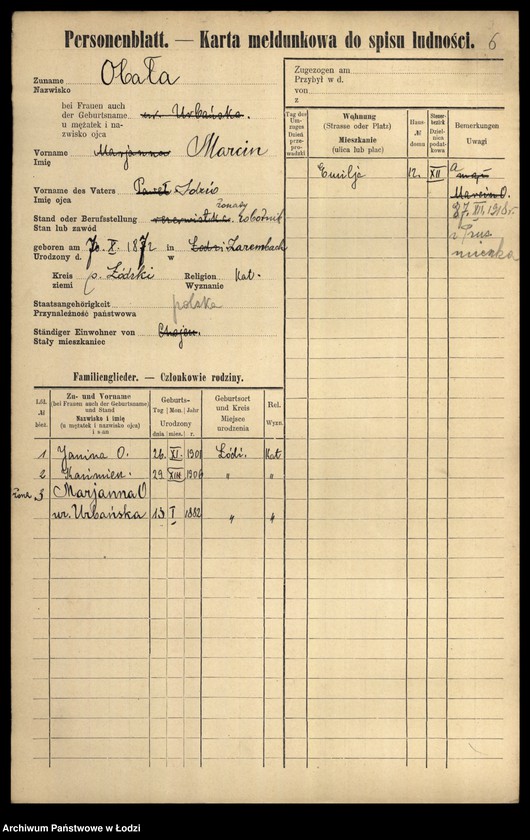 Obraz 8 z jednostki "[Spis ludności Łodzi] Obalska-Ochocki"
