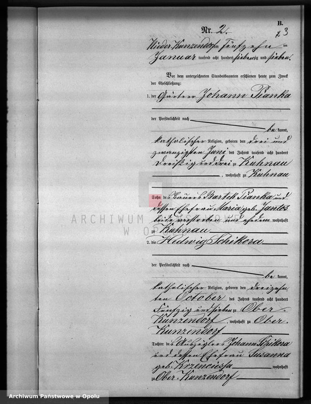Obraz 7 z jednostki "Heiraths-Neben-Register Standesamts Kunzendorf pro 1877"