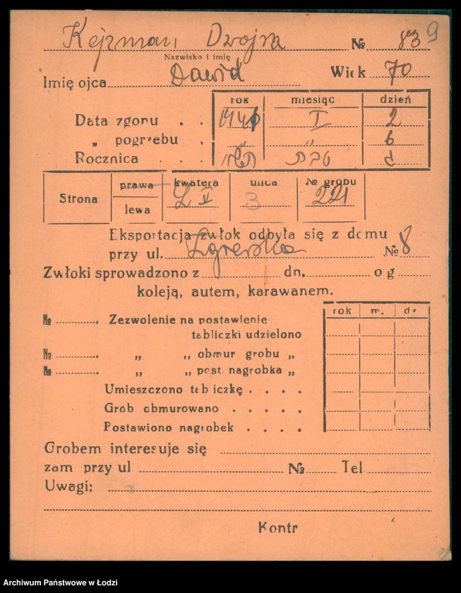 Obraz 10 z jednostki "Kartoteka osób pochowanych na cmentarzu żydowskim przy ulicy Brackiej w latach 1892-1951. Nazwiska na litery: Kei-Ki"