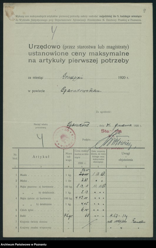 Obraz 11 z jednostki "[Wykazy urzędowo ustanowionych cen maksymalnych na artykuły pierwszej potrzeby na terenie Województwa Poznańskiego za miesiąc grudzień 1920 roku]"