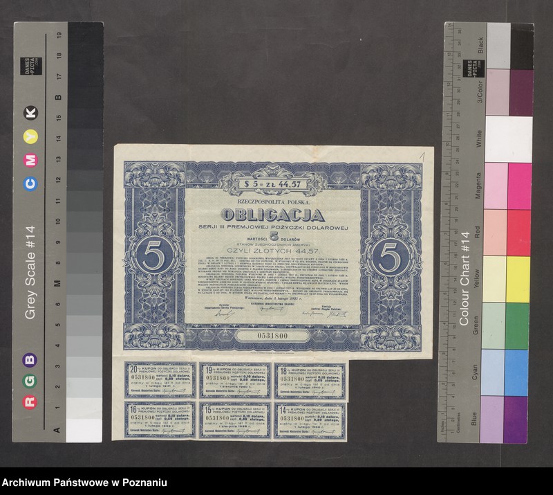 Obraz 4 z jednostki "Obligacje serii III premiowej pożyczki dolarowej wartości 5 dolarów, wraz z sześcioma kuponami"