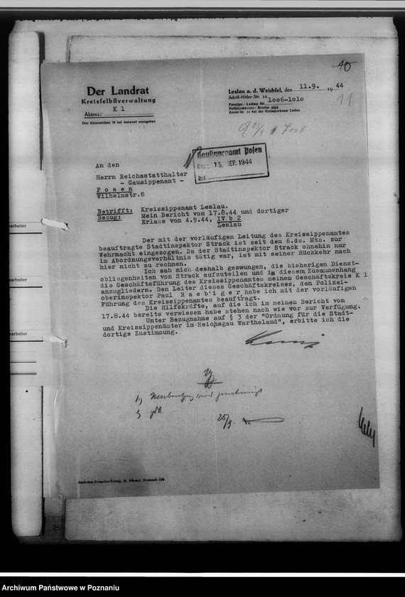 Obraz 15 z jednostki "Aufhebung der Personalunion von Stadt-und Kreissippenamt Leslau [Włocławek, województwo bydgoskie]"