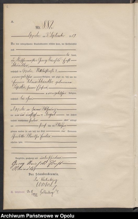 image.from.unit.number "Urząd Stanu Cywilnego w Opolu 1907 Rejestr Urodzeń miejscowa Nr 878 do 1277"